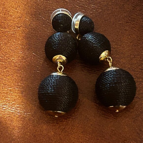 Triple Ball Drop Dangling Earrings Black and Gold - Picture 5 of 7
